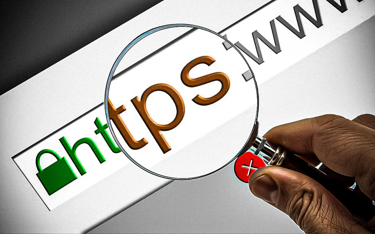 Person verifying website legitimacy with browser icons, warning signs, and trust indicators